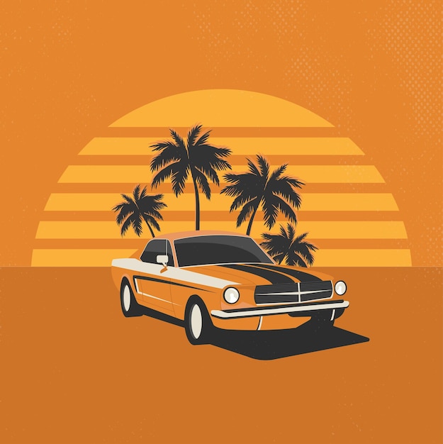 Vectorillustratie van een amerikaanse muscle car met zonsondergang en retrostijl palmbomen