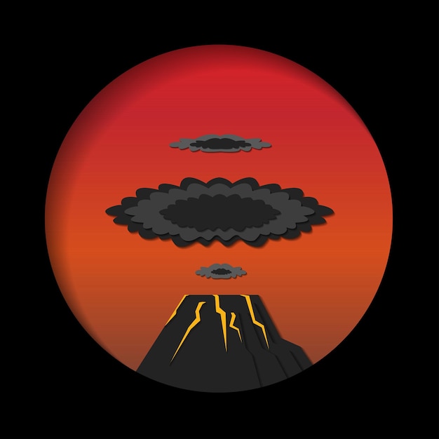 Vectorillustratie van een ansichtkaart in een vulkaanuitbarsting in papercut-stijl op de achtergrond van de avondrood