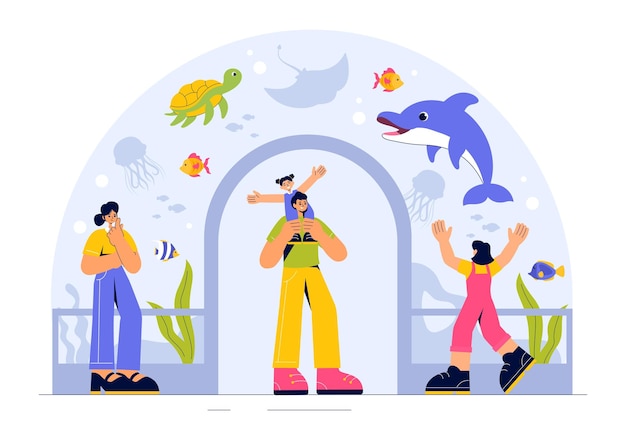 Vectorillustratie van een aquarium met een onderwater scène met visobservatie, zeedieren en verschillende mariene flora en fauna op de achtergrond