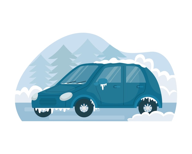 Vector vectorillustratie van een auto bevroren in de winter op straat.