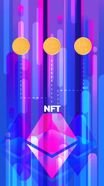 Vector vectorillustratie van een banner nft-munten nonfungible unieke cryptocurrency en ethereum-pictogram verticaal formaat