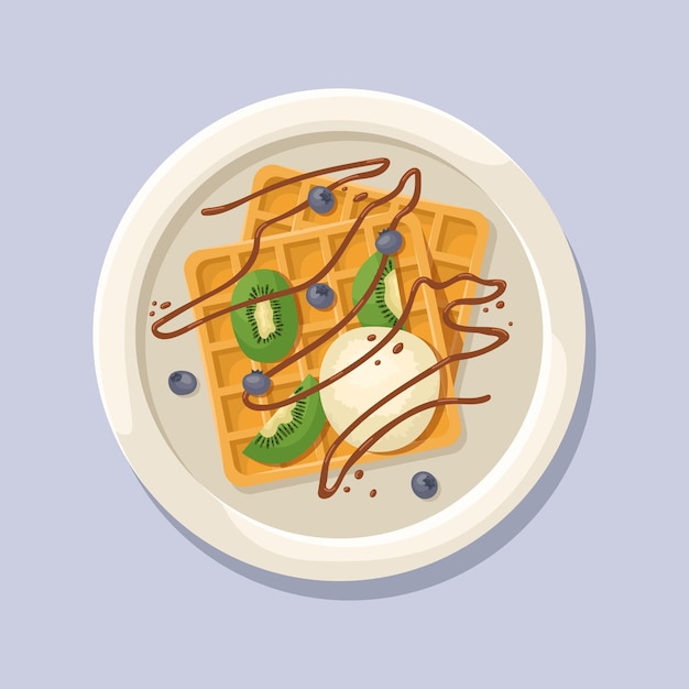 Vectorillustratie van een belgische wafel met een bal van ijs, kiwi, bosbessen en chocoladesaus.