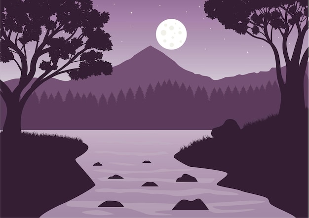 Vectorillustratie van een berglandschap met een rivier en een bos 's nachts