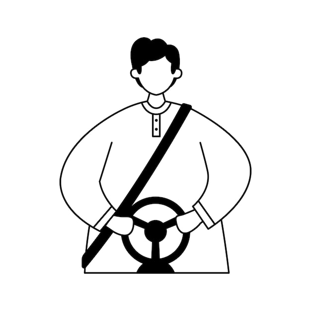 Vectorillustratie van een bestuurder met een veiligheidsgordel en handen aan het stuur Beroep Line art
