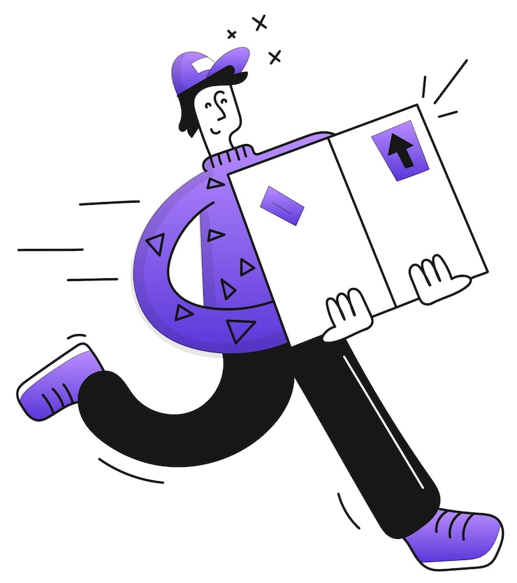 Vector vectorillustratie van een bezorger met een doos in zijn hand