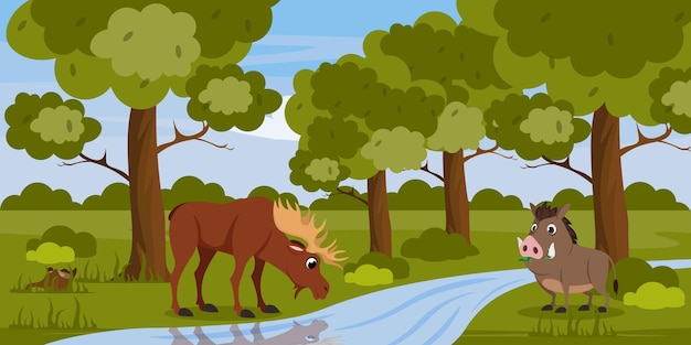 Vectorillustratie van een bosplantage in cartoon stijl Boslandschap met groene bomen een stromende beek en dieren bij het water Elk en wilde zwijn wilde natuurfauna