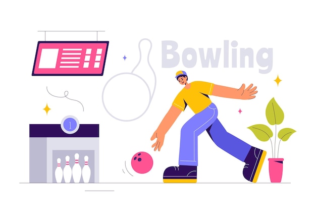 Vectorillustratie van een bowlingwedstrijd met mensen die ballen gooien met Pins Ball en scoreboards in een sportclub en het plezier van een bowlspel