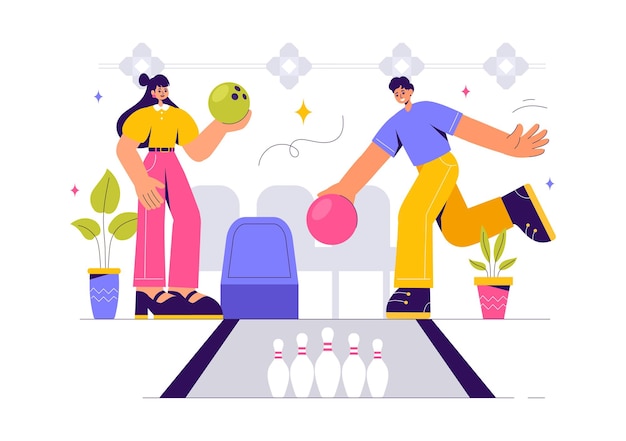 Vectorillustratie van een bowlingwedstrijd met mensen die ballen gooien met Pins Ball en scoreboards in een sportclub en het plezier van een bowlspel