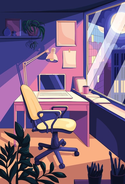 Vectorillustratie van een bureaublad bij het raam in het maanlicht