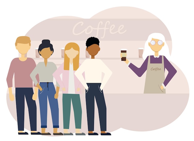 Vectorillustratie van een coffeeshop interieur met een vrouw barista aan de balie en een lange rij klanten.