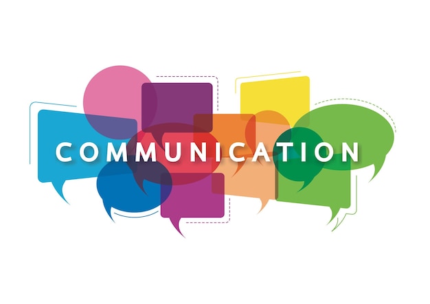 Vectorillustratie van een communicatieconcept Het woord communicatie met kleurrijke dialoogtekstballonnen