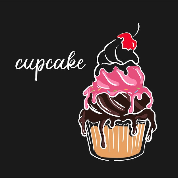Vectorillustratie van een cupcake met room en chocolade handgetekende schets