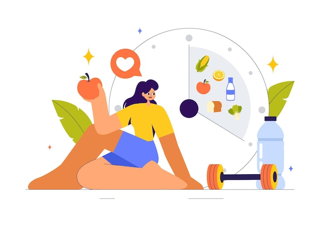 Vectorillustratie van een dieet met gezonde maaltijden, richtlijnen voor het selecteren van verse groenten, fruit en evenwichtig voedsel op een platte cartoon achtergrond