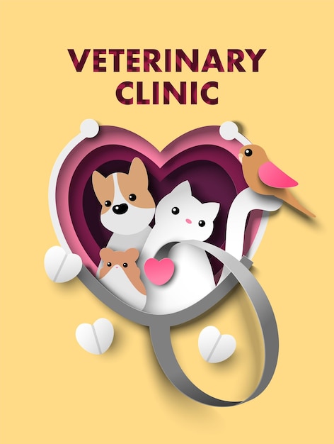 Vector vectorillustratie van een dierenkliniek met schattige huisdieren