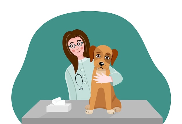 Vectorillustratie van een diergeneeskundig onderzoek van een hond op een tafel van een dierkundige kliniek