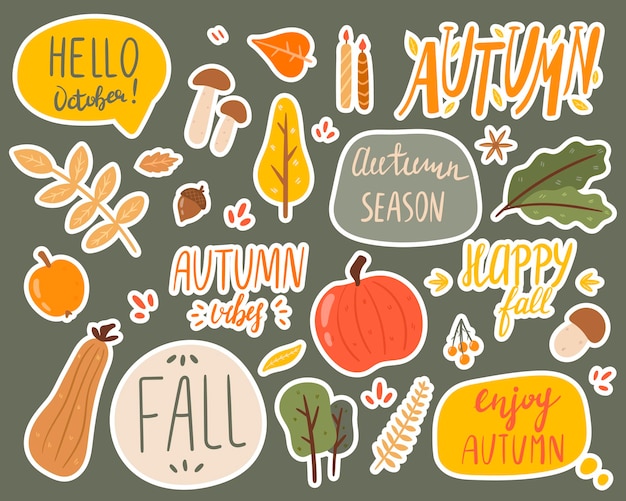 Vectorillustratie van een doodle set stickers op het thema van de herfst. inscripties en objecten van de natuur. herfst decoraties.