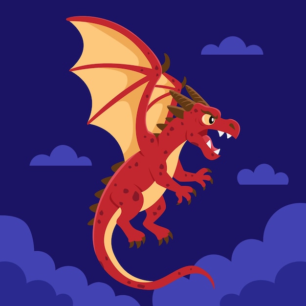 Vectorillustratie van een draak die in de donkere lucht vliegt