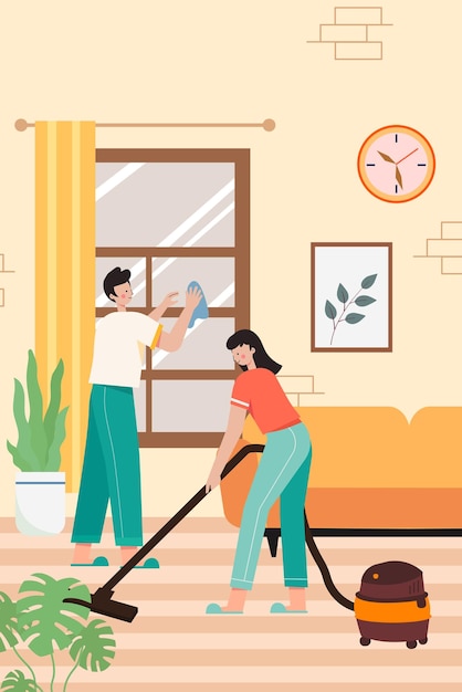 Vectorillustratie van een echtpaar dat huishoudelijk werk doet