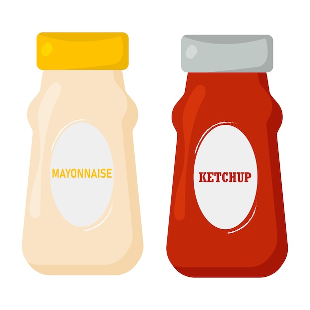 Vectorillustratie van een fles ketchup en mayonaisse op wit wordt geïsoleerd