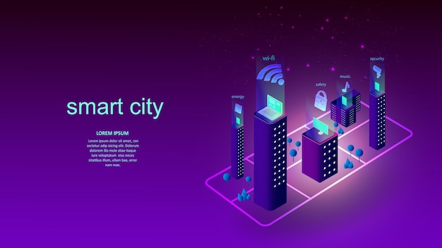 Vectorillustratie van een gebouw met elementen van een slimme stad. wetenschap, futuristisch, web, netwerkconcept, communicatie, geavanceerde technologie. eps-10.