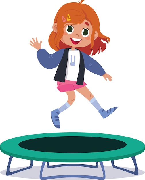 Vector vectorillustratie van een geïsoleerd meisje dat op een trampoline springt stripfiguur kind is verloofd