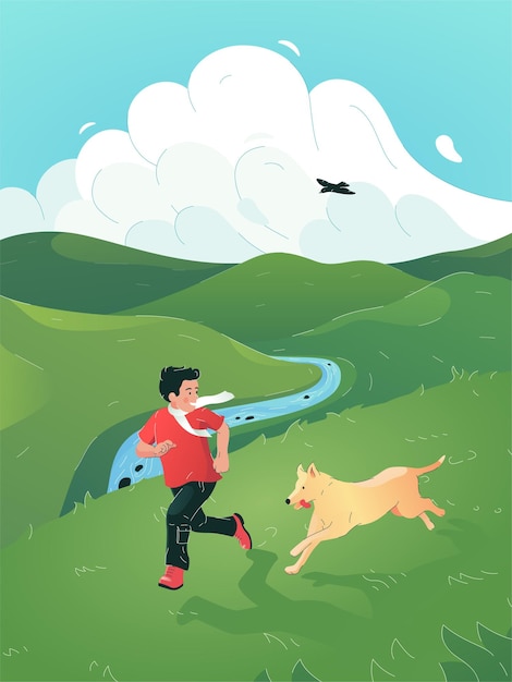 Vectorillustratie van een gelukkige jongen die buiten speelt met een hond.