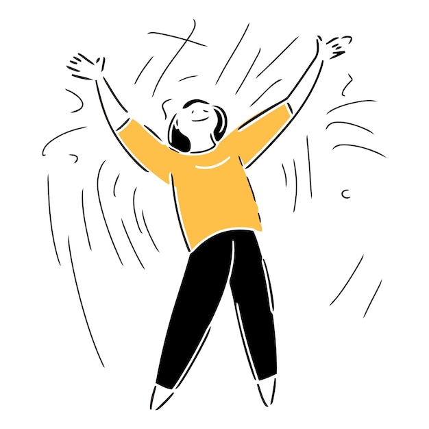 Vectorillustratie van een gelukkige vrouw die met opgeheven handen in de lucht springt
