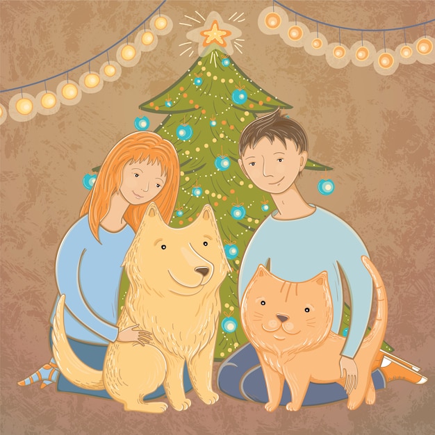 Vectorillustratie van een gezin in de buurt van de kerstboom. kerststemming. een blije familie. december. dakloze dieren helpen.