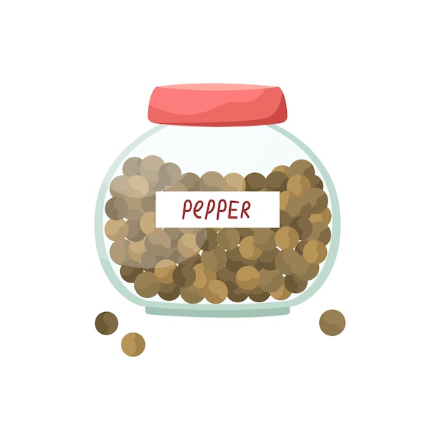 Vectorillustratie van een glazen pot met zwarte peper peas spices