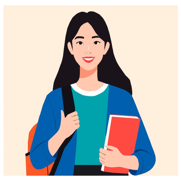 Vectorillustratie van een glimlachende student met een rugzak en een notitieboek in haar hand Onderwijs jeugd