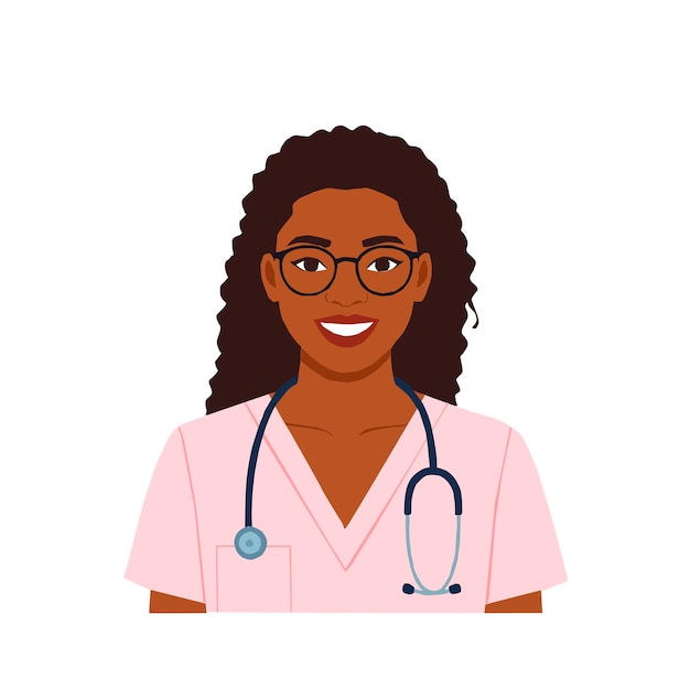 Vectorillustratie van een glimlachende verpleegster met bril en stethoscoop gekleed in roze uniform op een w