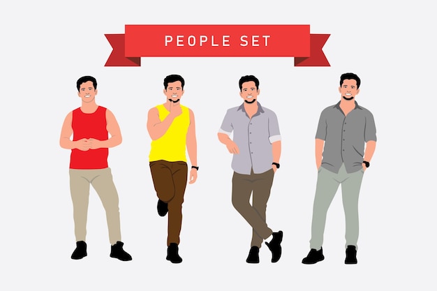 Vector vectorillustratie van een groep mannen in verschillende kleding platte stijl