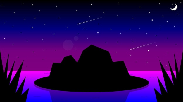 Vector vectorillustratie van een grote rots in het meer 's nachts