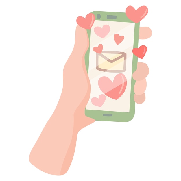 Vectorillustratie van een hand met een smartphone. Leuke handgetekende afbeelding over liefdesberichten. Clip art