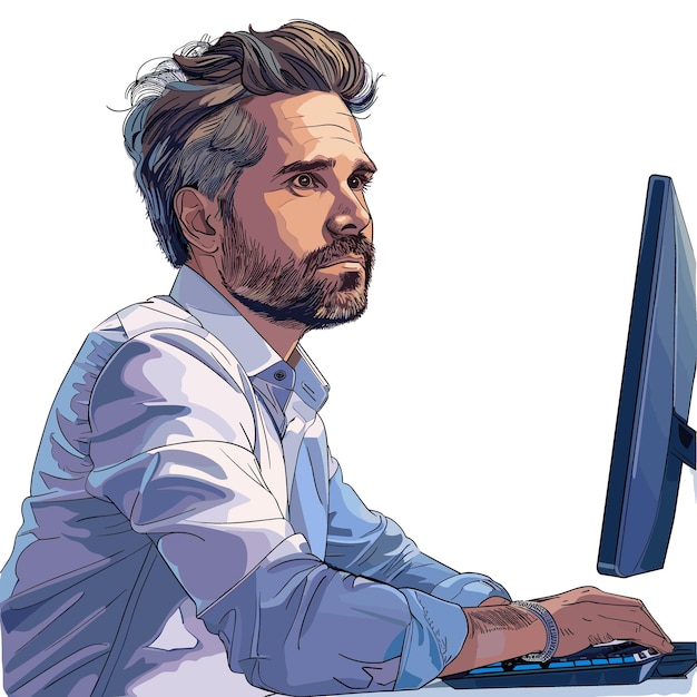Vectorillustratie van een handelaar met een baard die aan de computer werkt