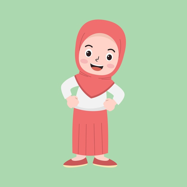 Vector vectorillustratie van een indonesisch basisschool moslimmeisje in uniform en platte stijl