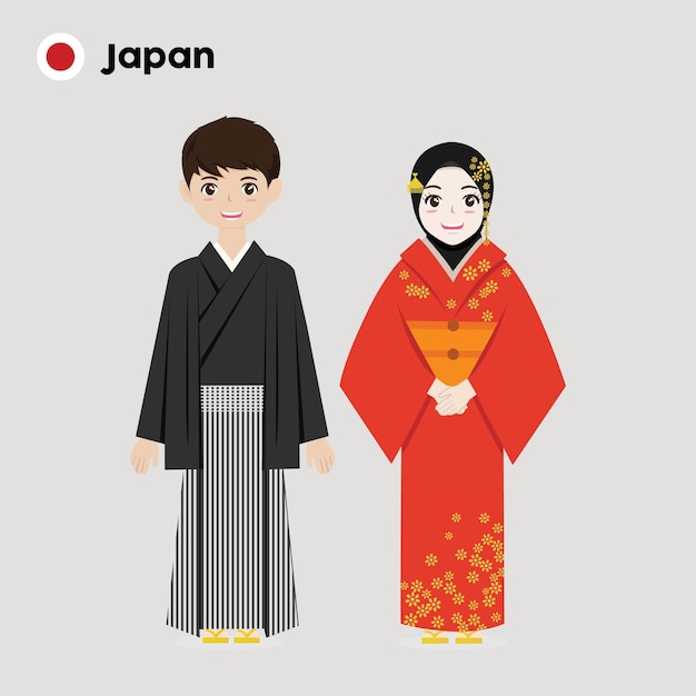 Vectorillustratie van een Japans echtpaar in traditionele kostuums met hijab