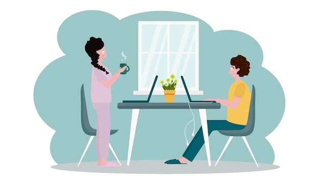 Vectorillustratie van een jong echtpaar een man en een vrouw die thuis aan computers werken
