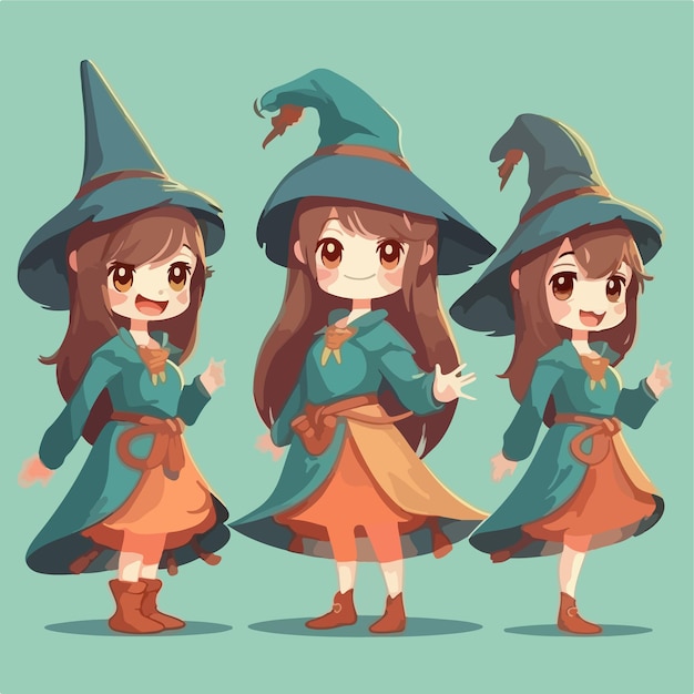 Vectorillustratie van een jong tovenaar meisje gekleed voor magische cartoon pose