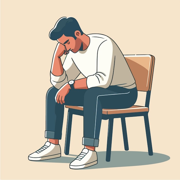 Vectorillustratie van een jonge man die nadenkend zit en gestrest is