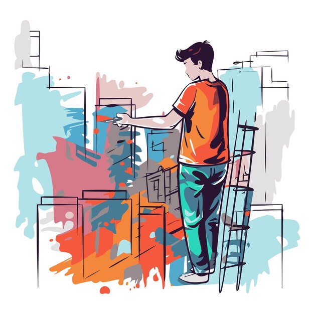 Vector vectorillustratie van een jonge man die op een ladder staat en de stad schildert