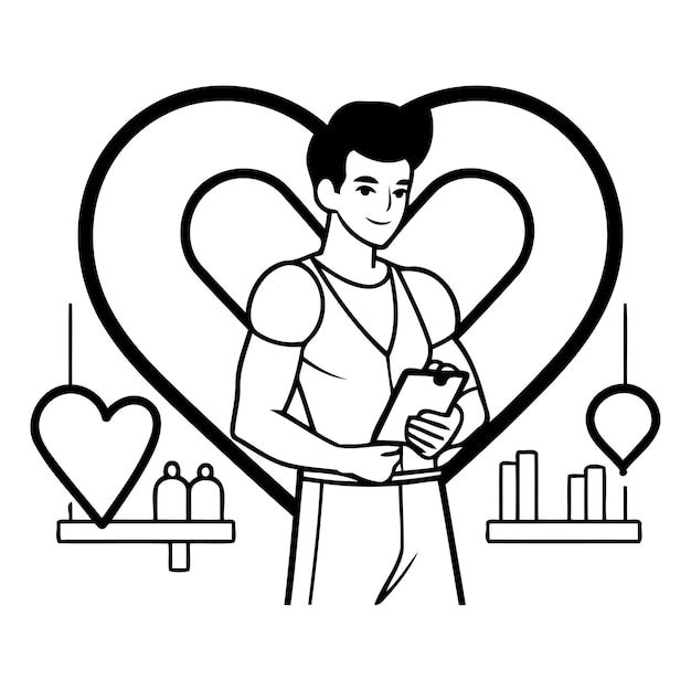 Vectorillustratie van een jonge man met een smartphone in de vorm van een hart