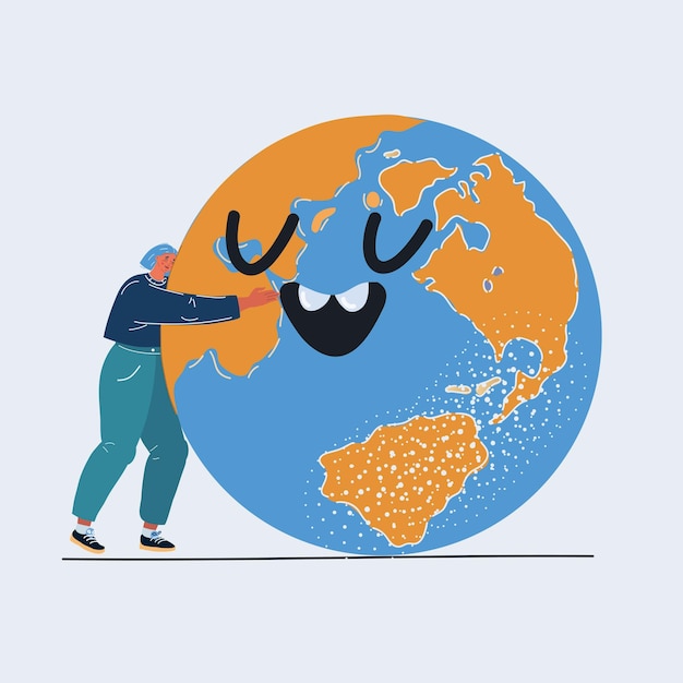 Vectorillustratie van een jonge vrouw die een gigantische lachende wereldbol omarmt