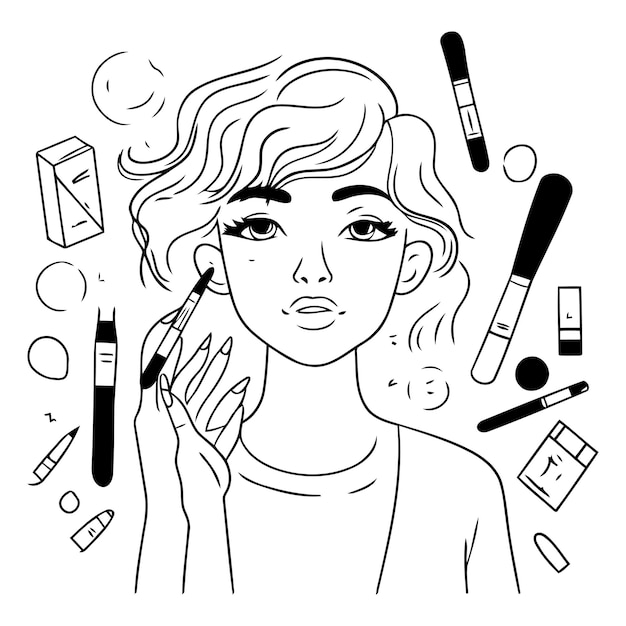 Vector vectorillustratie van een jonge vrouw die make-up aanbrengt met cosmetica