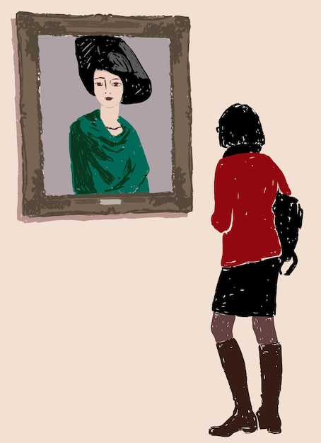 Vector vectorillustratie van een jonge vrouw die naar een afbeelding in het museum kijkt