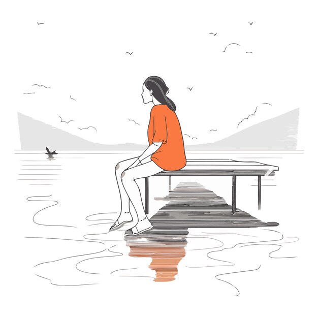 Vectorillustratie van een jonge vrouw die op een pier in het water zit