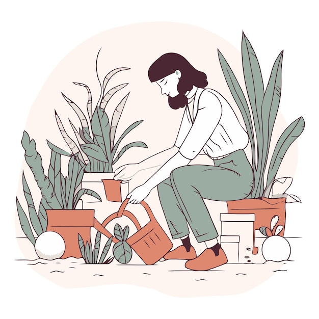 Vector vectorillustratie van een jonge vrouw die planten in de tuin water geeft platte stijl