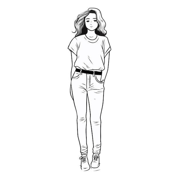 Vector vectorillustratie van een jonge vrouw in jeans en een t-shirt