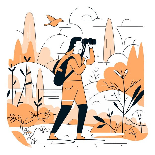 Vector vectorillustratie van een jonge vrouw met een rugzak en een camera die foto's van de natuur maakt