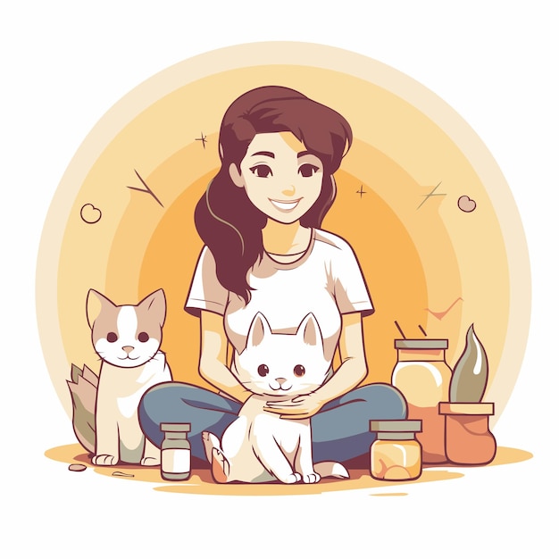 Vectorillustratie van een jonge vrouw met haar huisdieren Cartoon stijl